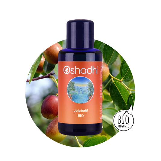 Jojobaöl mit Jojoba-Baum im Hintergrund und Bio Zertifizierung