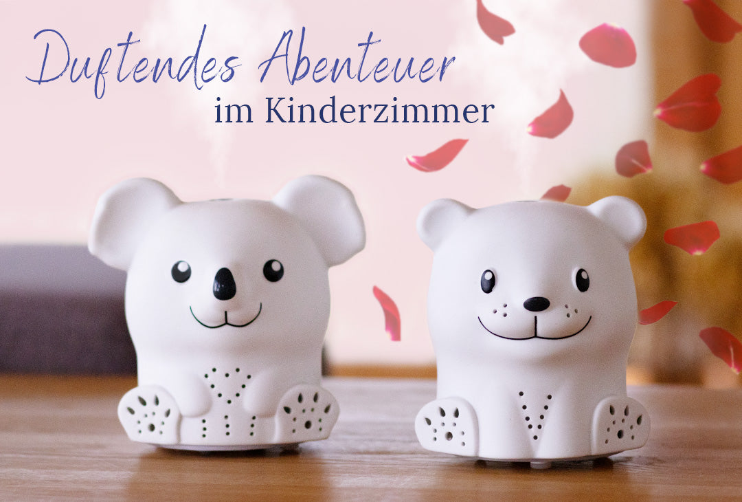 Zwei Ultraschallvernebler in Form eines Kuscheltiers und Rosen